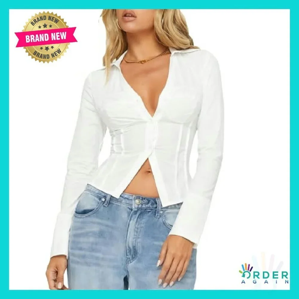 Y2K Slim Fit Button Up Shirt Long Sleeve V Neck Crop Blouse Preppy Streetwear